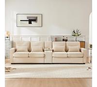 Sofá moderno de 4 plazas de tela de lino con consola, 2 soportes para bebidas, 2 puertos USB para cargar con cable, con bolsillos para reposabrazos y 4 cojines, sofá simple para salón, apartamento