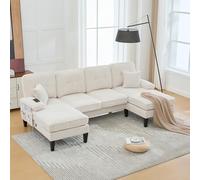 Sofá moderno de 4 plazas en U con chaise longue doble, hecho de tela de pana suave, con acolchado cómodo, respaldo moderno y construcción robusta. Perfecto para cualquier concepto de salón. Beige