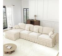 Sofá modular clásico en forma de L de 4 plazas de chenilla con reposabrazos de embudo, delantal desmontable con volantes, patas en forma de husillo y taburete móvil, asiento profundo y cómodo para