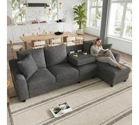 Sofá modular de chenilla de 3 plazas + chaise longue con espacio de almacenamiento oculto, consola central plegable con soporte para vasos, cojín acolchado grueso, ideal para familias y noches de cine