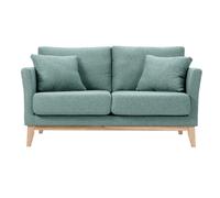 Sofá nórdico 2 plazas desenfundable de tela efecto aterciopelado verde grisáceo y madera clara OSLO