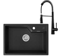 Sofetiy Fregadero de cocina de granito, color negro, 60 x 45 cm, con grifo de muelle, de granito, moderno, de granito, negro, con desagüe y rebosadero