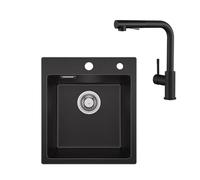 Sofetiy Fregadero de granito negro 40 x 45 cm y grifo de cocina extensible negro, fregadero de cocina con sifón, fregadero de granito rectangular con 2 agujeros para grifo, fregadero empotrable 1