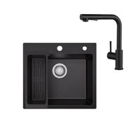 Sofetiy Fregadero de Granito Negro 50x45 cm con Grifo de Cocina Extensible Set, Fregadero de Cocina Cuadrado Empotrado con Filtro de Drenaje, Mezclador Negro de Acero Inoxidable, Lavabo de Cocina
