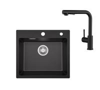 Sofetiy Fregadero de Granito Negro 50x45 cm con Grifo de Cocina Extensible Set, Fregadero de Cocina, Fregadero Empotrable con Filtro de Drenaje, Fregadero con Mezclador de Cocina Negro con Ducha