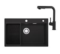 Sofetiy Fregadero de granito negro 70x45 cm con grifo mezclador y juego de ducha extraíble, fregadero de cocina rectangular para mueble bajo de 70 cm, fregadero de cocina con accesorios de drenaje