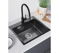 Sofetiy Fregadero negro de 50 x 45 cm, fregadero antracita de acero inoxidable, moderno fregadero empotrable rectangular, fregadero de cocina con orificio para grifo, para armario bajo a partir de 50