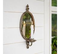 SOFFEE DESIGN Portavelas de metal antiguo para colgar en la pared, candelabro vintage envejecido de hierro con espejo ovalado de aspecto desteñido, montado en la pared, dormitorio, comedor, decoración