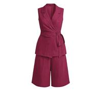 Sofisticado chaleco blazer de dos piezas con cuello en V combinado con pantalones cortos, estilo elegante pulido, adecuado para negocios y ocasiones casuales de verano, hot pink, XL