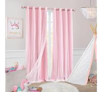 SOFJAGETQ Short Pink Curtains 63 Inch Long- Blackout Curtains with Voile Sheer Drapes Thermal Pink Window Treatments with Tie-Backs for Kids/Girls Bedroom Nursery Living Room, Elegant, 2 Panels
