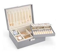 Sofore Joyero Para Mujer,Caja Joyero de 2 Capas con 2 Almohadillas Para Relojes, Cuero de PU, Joyero de Viaje de Viaje Para Aretes Anillos Collares Relojes Pulseras, Gris Oscuro