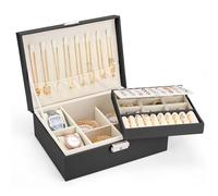 Sofore Joyero Para Mujer,Caja Joyero de 2 Capas con 2 Almohadillas Para Relojes, Cuero de PU, Joyero de Viaje de Viaje Para Aretes Anillos Collares Relojes Pulseras, Negro Perla