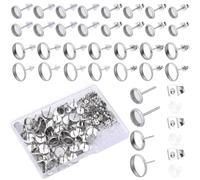 SOFPLATE 1 Caja 80 Piezas Cabujón Pendientes En Blanco Pendientes Bisel En Blanco Acero Inoxidable Hipoalergénico Redondo Pendientes Planos con Tuerca Pendientes de Plata Postes para Fabricación de Jo