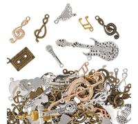 SOFPLATE 1 Caja de 100g de Dijes de Notas Musicales de Oro, Dijes de Instrumentos Musicales A Granel, Dijes de Aleación Tibetana de Bronce Antiguo de Plata, Cinta de Micrófono, Dijes de Guitarra para