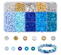 SOFPLATE 1 caja de 2900 piezas de Cuentas de Arcilla Azul Kit para Hacer Pulseras de la Amistad Cuentas Espaciadoras de Flores de Plata Doradas Y Redondas Planas de Polímero Heishi para Hacer Pulseras