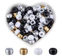 SOFPLATE 1 Caja de 800 Piezas de 4 Estilos de Cuentas de Pony En Blanco Y Negro, Cuentas de Pony Neutrales A Granel de 9mm, Doradas Y Plateadas, Cuentas Opacas de Plástico Kandi Geniales para Fiestas