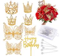 SOFPLATE 1 caja de Ramos de Flores, Kit de Alfileres de Ramillete, Adorno para Tarta, Decoración En 3D, Mariposa, Aleación, Brillante, Reina Real, Mini Coronas de Feliz Cumpleaños para Manualidades, R