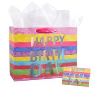SOFPLATE 1 juego de bolsas de regalo de papel arcoíris degradado de 13 x 10.2 x 4.7 pulgadas, 1 tarjeta de festival, 3 bolsas iridiscentes de papel de seda con asas, paquete de cumpleaños colorido