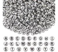 SOFPLATE 1500 Pieza de Cuentas de Letras Plateadas Cuentas Redondas Planas del Alfabeto de 4x7mm Cuentas Acrílicas Pequeñas de la A A la Z con Letras Negras Cuentas Espaciadoras para Manualidades par