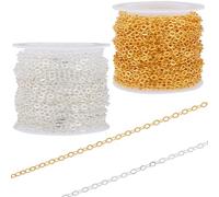 SOFPLATE 2 rollo de Cadena de Cable de 20 m/65.6 pies para Manualidades Cadena de Cable de Latón Dorado de 3.2 x 2.5mm con Soldadura Plateada Cadena de Eslabones Ovalada para Hacer Joyas Collares Puls