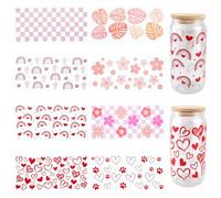 SOFPLATE 8 pieza de 8 estilos de Pegatinas para Vasos de Vidrio Color Rosa UV DTF Envolturas para Vasos Plástico Transparente A Granel Corazón Flor Floral Cuadrado Huella Arcoíris Cactus Calcomanías I