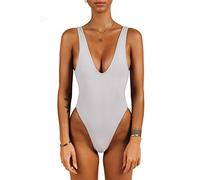 sofsy Bañador de una Pieza Mujeres Traje de baño Push Up Corte Alto Espalda Baja Natación Playa Vintage Retro 80s 90s Color Piedra Talla XL Xlarge 32dd 34dd 36dd