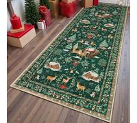 Soft Christmas Tree Santa Claus Carpet Runner, Non Slip Washable Floor Mat with TPE Backing, Christmas Deer Santa Long Rug, Festive Holiday Decor for Kitchen Hallway Living Room (D,19.69 × 62.99 in)