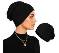 Soft Stretch Turban Beanie for Women, Milk Silk Full Coverage Head Wrap, Chemo Sleep for Hair Loss, Anti Slip Hijab Undercap (Black)
