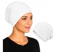 Soft Stretch Turban Beanie for Women, Milk Silk Full Coverage Head Wrap, Chemo Sleep for Hair Loss, Anti Slip Hijab Undercap (White)