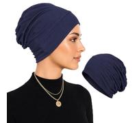 Soft Stretch Turban Beanie for Women, Milk Silk Full Coverage Head Wrap, Chemo Sleep for Hair Loss, Anti Slip Hijab Undercap (Navy Blue)