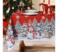 Softalker Mantel Cuadrado de Navidad 100x100 cm Rojo Manteles navideños Antimanchas con Copos de Nieve muñeco de Nieve Blanco y árbol de Navidad Ideal para balconeras,Nochevieja,Cocina,jardín,Picnic