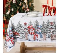 Softalker Manteles Blanco Navidad Rectangular 300x150 cm Grande Mantel navideño Antimanchas con un muñeco de Nieve Tradicional Copos de Nieve y un árbol de Navidad Ideal para salón,Fiesta,Cocina
