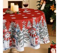 Softalker Rojo Mantel Navidad Redondo 200 cm Manteles navideños Antimanchas con Elegante Copos de Nieve muñeco de Nieve Blanco y árbol de Navidad Ideal para cumpleaños,Exterior,jardín,Comedor,Picnic