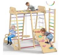 SOFTHOM Grande 10 en 1 Estructura de Escalada, Montessori Triángulo de Escalada de Madera, Set de Escalada para Interiores, Juego de Escalada con Toboganes, Columpios, Redes para Escalar, Color