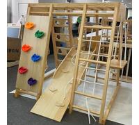 SOFTHOM Maxi estructura de escalada a partir de 1 año, marco de escalada interior 10 en 1, equipo de escalada Montessori con columpio, tobogán, red de escalada, 100% madera maciza, seguro y estable