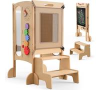 SOFTHOM Montessori Torre de Aprendizaje Plegable, Torre de Aprendizaje para Niños, Preassemblato/Salvaspazio, Altezza Regolabile Poggiapiedi di Legno, Lavagna, Rete di Sicurezza, Antiribaltamento