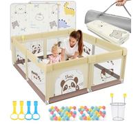 SOFTHOM Parque Infantil Bebe 150x150 con Alfombra, Corralito Bebe con 360° Malla Transpirable+TelaOxford+Base Antideslizante+bolas+ agarraderas+Canasta de Juego+Bolsas de Transporte, Panda beige
