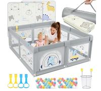 SOFTHOM Parque Infantil Bebe 150x150 con Alfombra, Corralito Bebe con 360° Malla Transpirable+TelaOxford+Base Antideslizante+bolas+ agarraderas+Canasta de Juego+Bolsas de Transporte, Dinosaurio gris