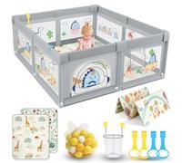 SOFTHOM Parque Infantil Bebe 150x180 con Alfombra, Corralito Bebe con 360° Malla Transpirable+Tela Oxford+Base Antideslizante+60bolas+4agarraderas+Canasta Juego+Bolsas Transporte, Bebé dinosaurio gris