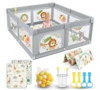 SOFTHOM Parque Infantil Bebe 150x180 con Alfombra, Corralito Bebe con 360° Malla Transpirable+Tela Oxford+Base Antideslizante+60 bolas+4 agarraderas+Canasta de Juego+Bolsas de Transporte, León gris