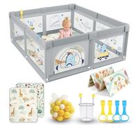 SOFTHOM Parque Infantil Bebe 180x200 con Alfombra, Corralito Bebe con 360° Malla Transpirable+Tela Oxford+Base Antideslizante+ bolas+agarraderas+Canasta de Juego+Bolsas de Transporte, Dinosaurio gris