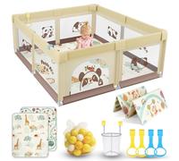 SOFTHOM Parque Infantil Bebe 180x200 con Alfombra, Corralito Bebe con 360° Malla Transpirable+Tela Oxford+Base Antideslizante+60 bolas+4 agarraderas+Canasta de Juego+Bolsas de Transporte, Panda beige