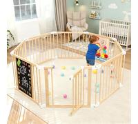 SOFTHOM Parque Infantil Bebe de Madera, Grande Corralito Bebe Plegable con Puerta, Ajustable Forma&Tamaño, Portátil, Pizarra, Montessori Tablero de Juego, Seguridad Centro de Actividades Ampliable
