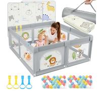 SOFTHOM Parque infantil de 120 x 120, parque infantil con colchón, red transpirable 360°, tela Oxford, base antideslizante, estable y segura, centro de actividades para niños, león gris