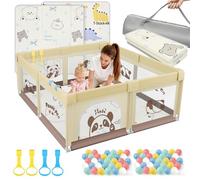 SOFTHOM Parque infantil de 150 x 150 cm, con colchón, parque infantil con malla transpirable 360°, tela Oxford, base antideslizante, estable seguro, centro de actividades para niños, beige panda