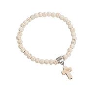 Softones Pulsera elástica con colgante de cruz de cuentas de 6 mm para mujer, con piedra curativa, pulsera de oración para mujer, con caja de regalo, 7.5 inch, piedra coral de bambú, Piedra de lava