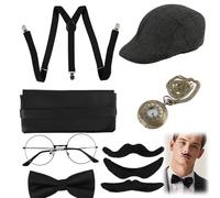 sofun Accesorios de disfraz de los años 20 - Set de accesorios de disfraz para hombre (reloj de cuarzo bronce + tapa negra + gafas retro + 3 barbas falsas + corbata + tirantes), ideal para el atuendo