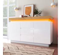 soges Aparador con iluminación LED con acabado brillante, con 3 cajones y 2 puertas, para salón y dormitorio, 81 x 140 x 39 cm, color blanco