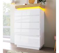 soges Aparador de 6 cajones brillante con iluminación LED (App Control), armario multiusos para salón y dormitorio, 115 x 73 x 39 cm, color blanco