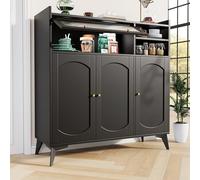 soges Aparador de cocina buffet negro con puerta de cristal y asas doradas, para comedor, salón o cocina, 120 x 39,8 x 118,5 cm